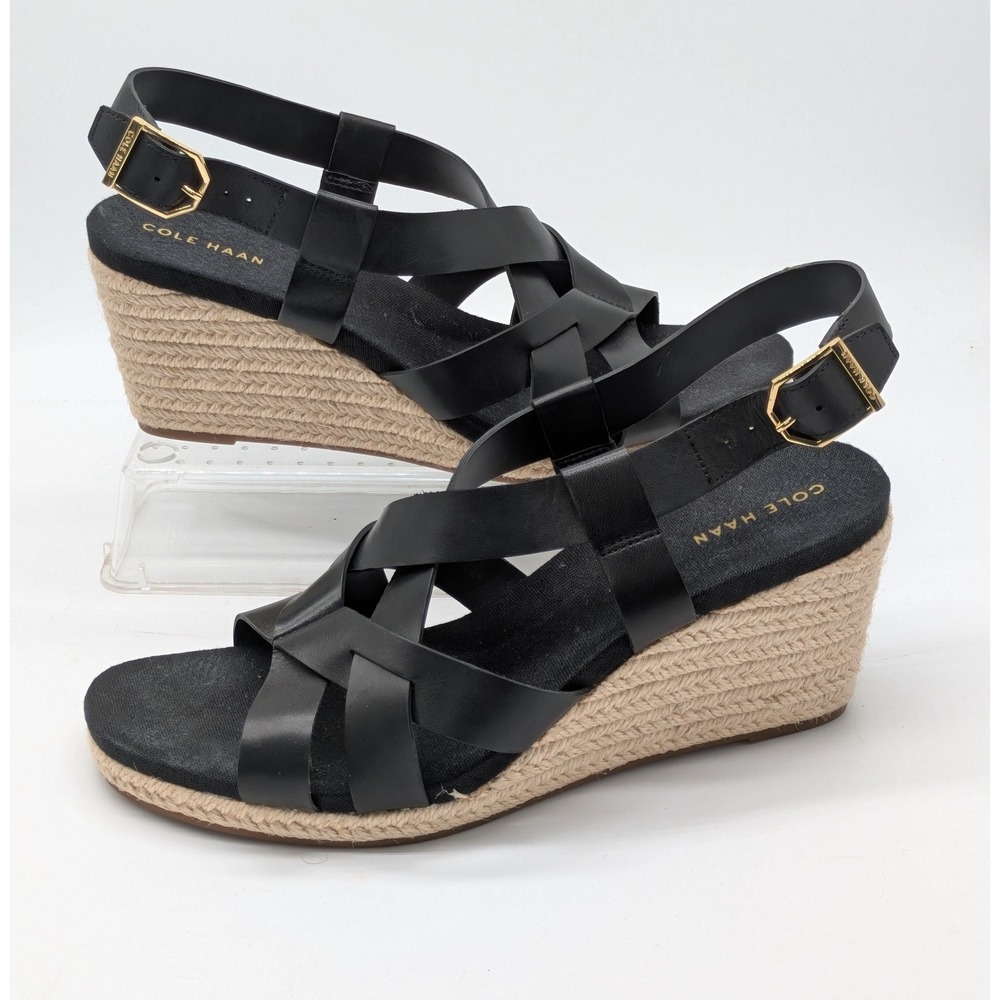 Cole Haan Womens 8B Black Leather Espadrille Wedge Sandals 3" Heel NWOT